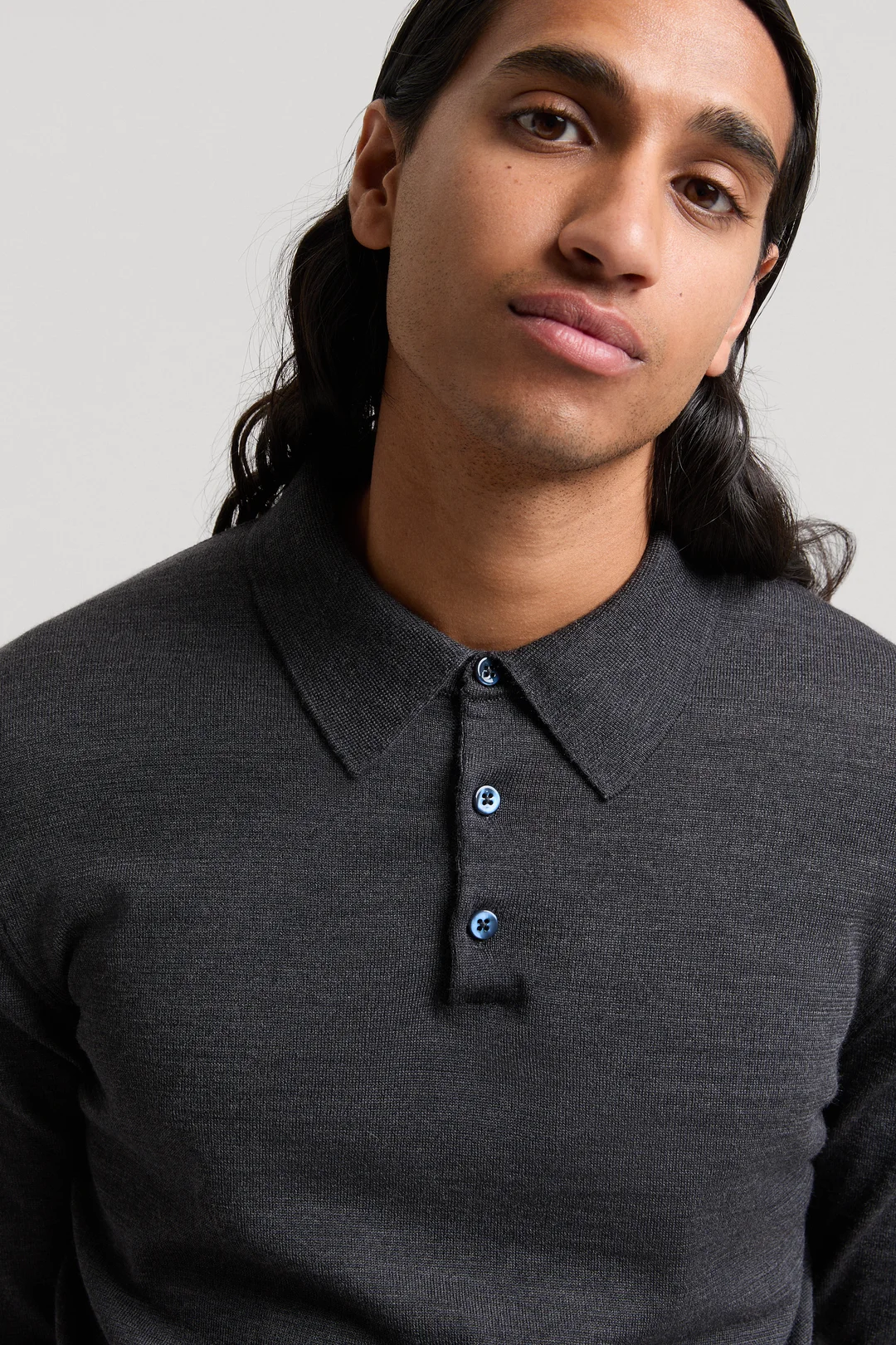 Charcoal Melange Merino Wool Polo | Buttoned Long Sleeve - ASKET