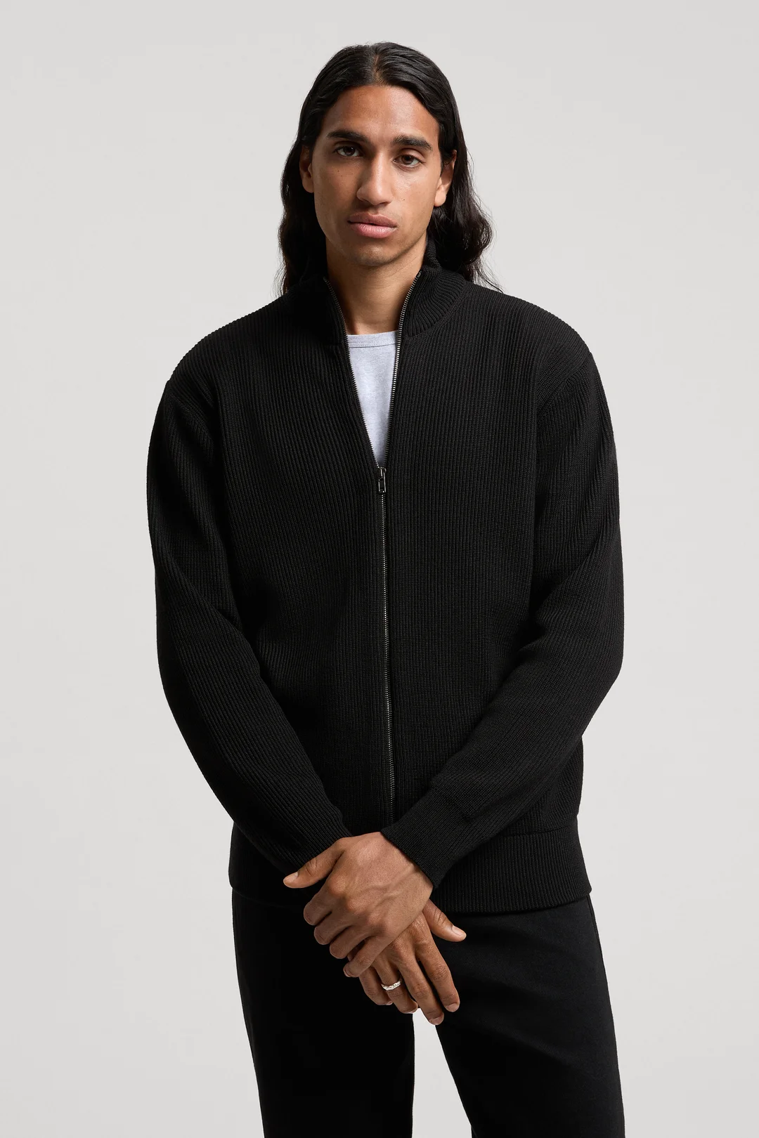 Black Merino Zip Cardigan | Ribbed Wool - ASKET