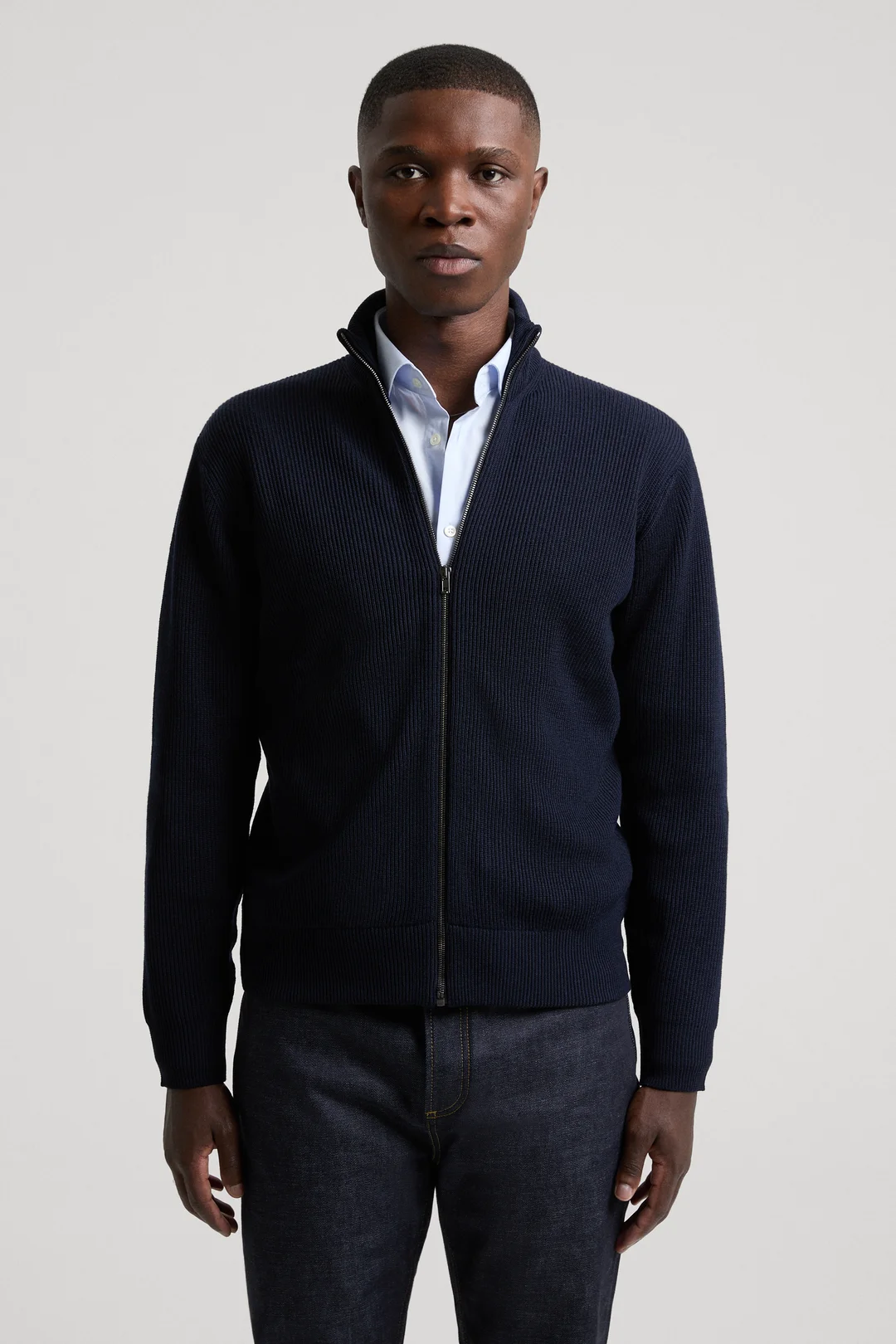 Dark Navy Merino Zip Cardigan Ribbed Wool ASKET