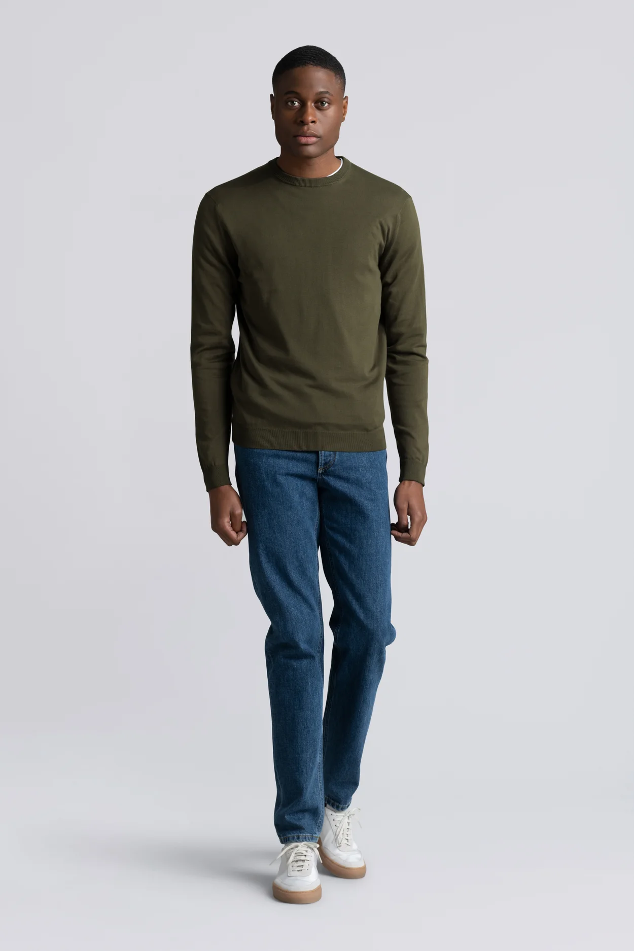 Cotton Crew Neck Jumper - Dark Olive