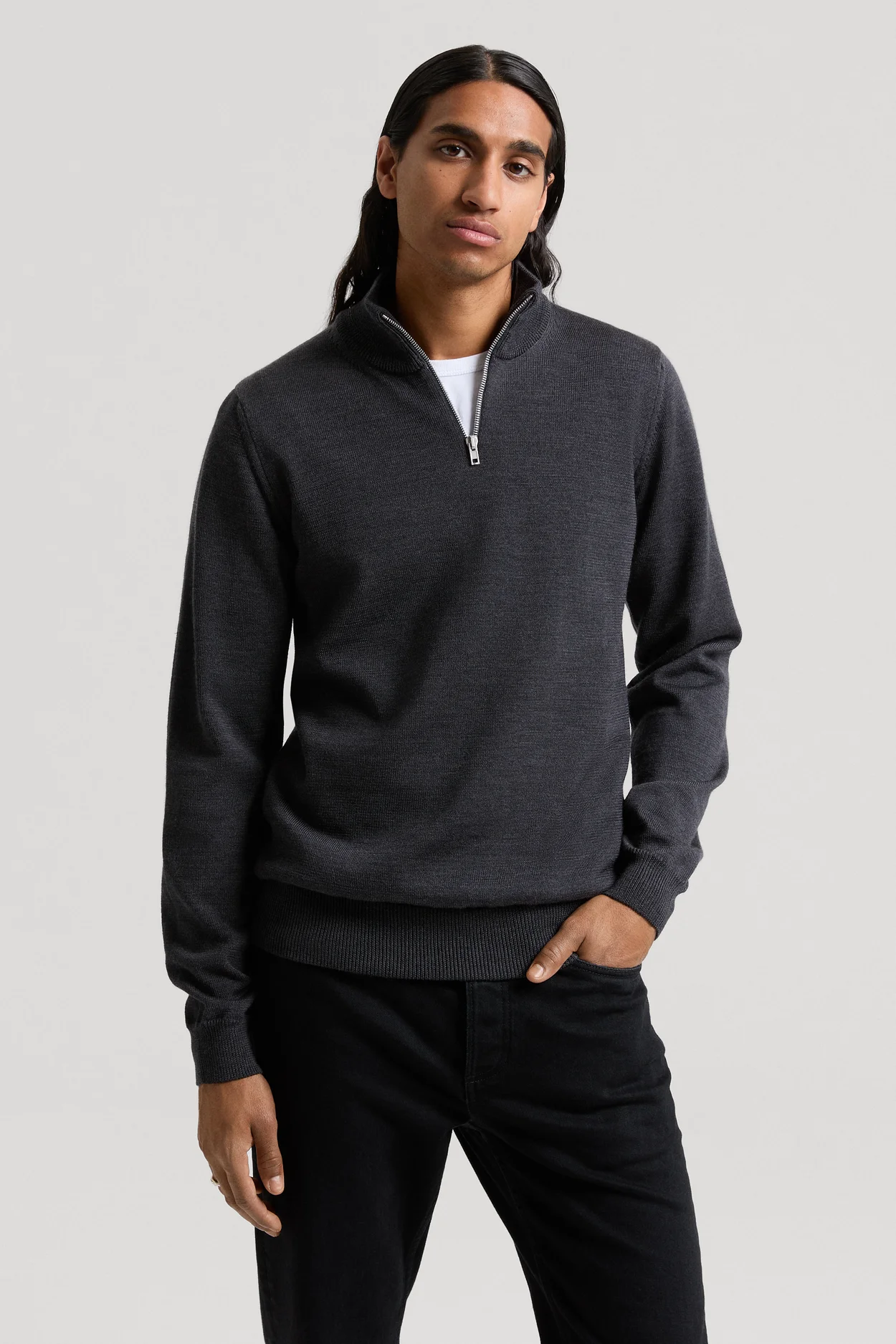 Charcoal Melange Merino Half Zip Sweater Organic Cotton ASKET